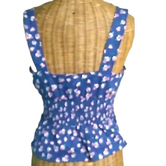 Express Blue Ditsy Floral Square Neck Sleeveless Peplum Smocked Blouse - Picture 3 of 4